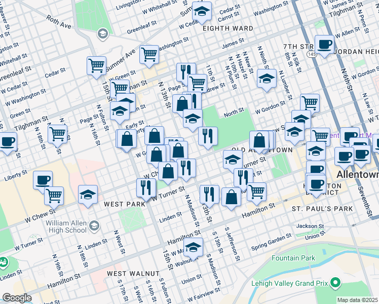 map of restaurants, bars, coffee shops, grocery stores, and more near 315 North 13th Street in Allentown