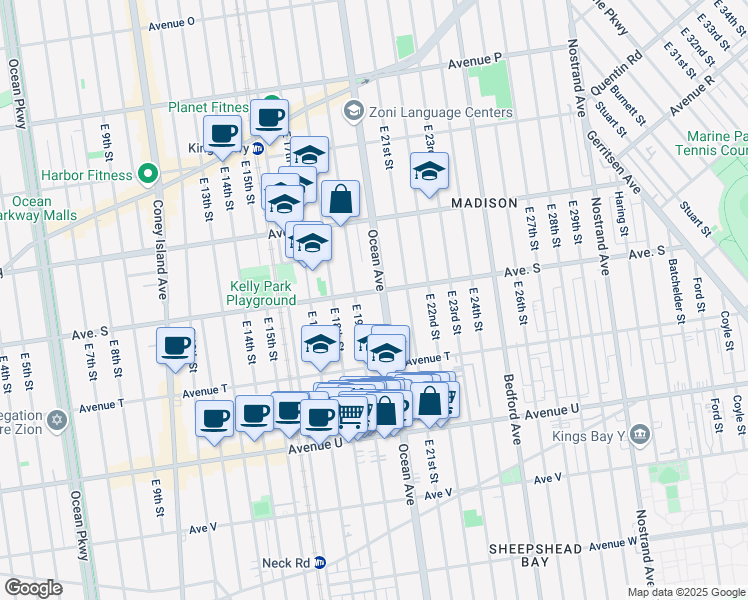 map of restaurants, bars, coffee shops, grocery stores, and more near 2370 Ocean Avenue in Brooklyn