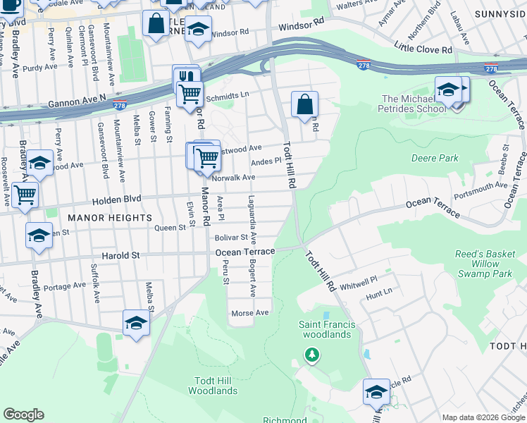 map of restaurants, bars, coffee shops, grocery stores, and more near 71 Croak Avenue in Staten Island