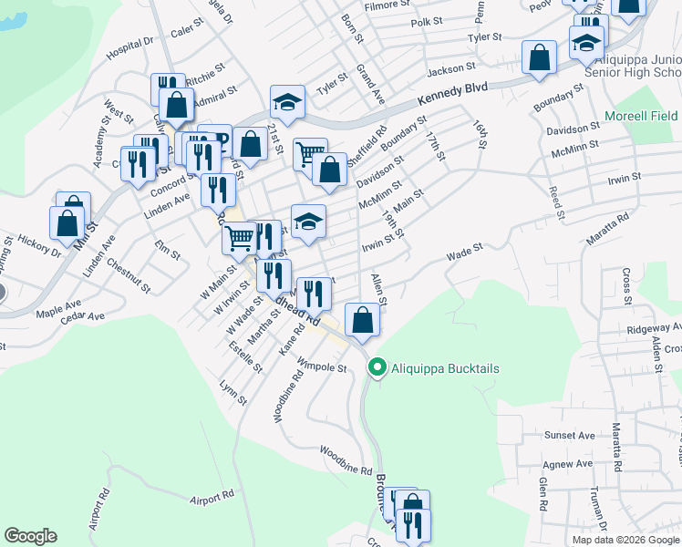 map of restaurants, bars, coffee shops, grocery stores, and more near 2010 McLean Street in Aliquippa