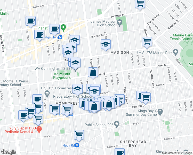 map of restaurants, bars, coffee shops, grocery stores, and more near 2375 Ocean Avenue in Brooklyn