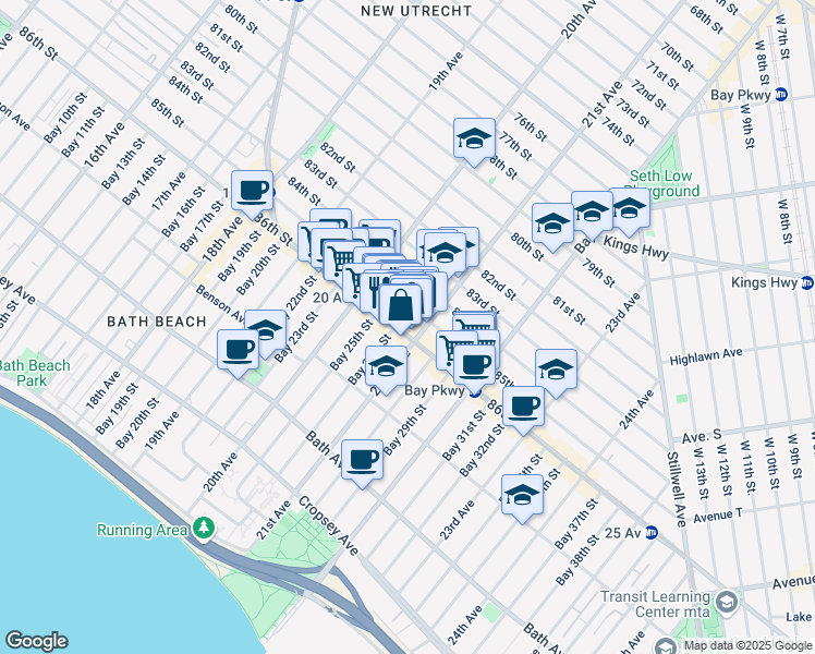 map of restaurants, bars, coffee shops, grocery stores, and more near 2071 86th Street in Brooklyn