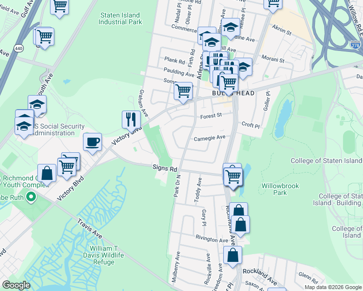 map of restaurants, bars, coffee shops, grocery stores, and more near 101 Dawson Circle in Staten Island
