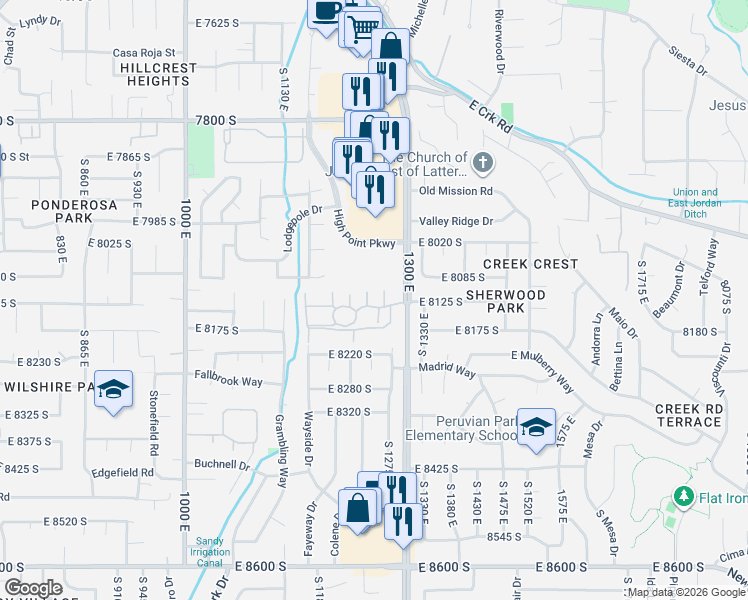map of restaurants, bars, coffee shops, grocery stores, and more near 1235 East Cottonwood Hills Drive in Sandy