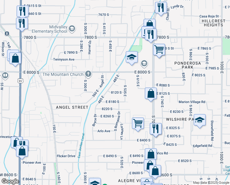 map of restaurants, bars, coffee shops, grocery stores, and more near 500 East 8120 South in Sandy