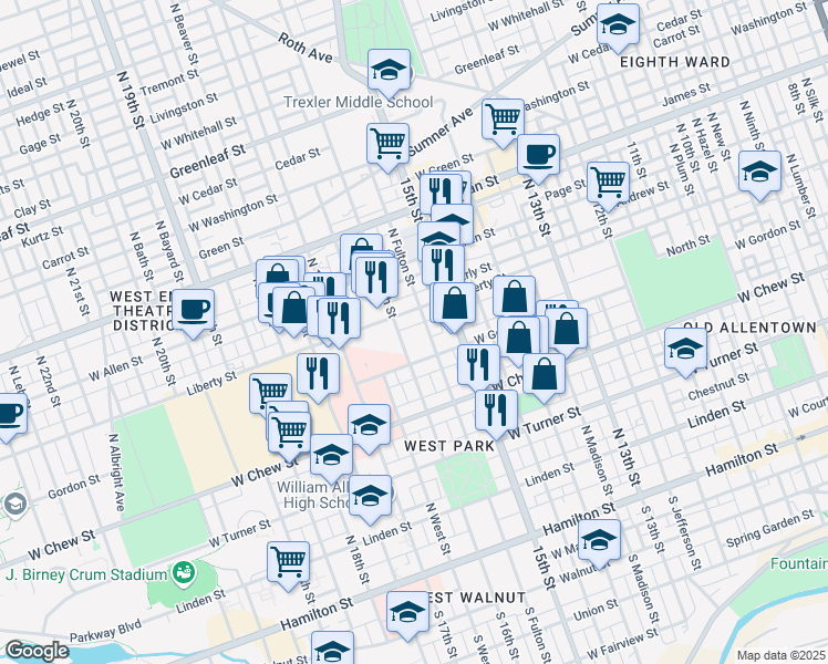map of restaurants, bars, coffee shops, grocery stores, and more near 418 North Fulton Street in Allentown
