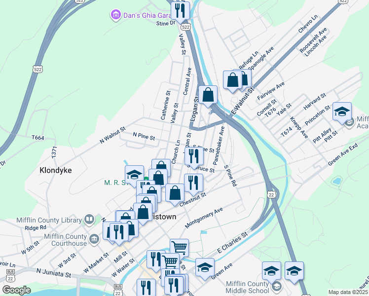 map of restaurants, bars, coffee shops, grocery stores, and more near 131 Logan Street in Lewistown