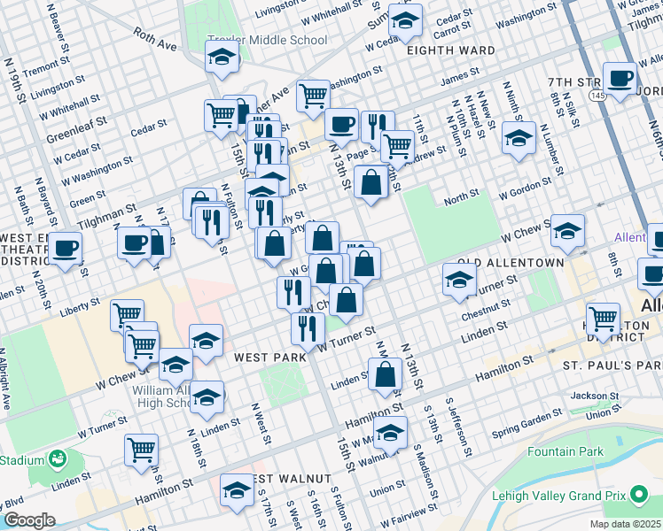 map of restaurants, bars, coffee shops, grocery stores, and more near 341 North 14th Street in Allentown
