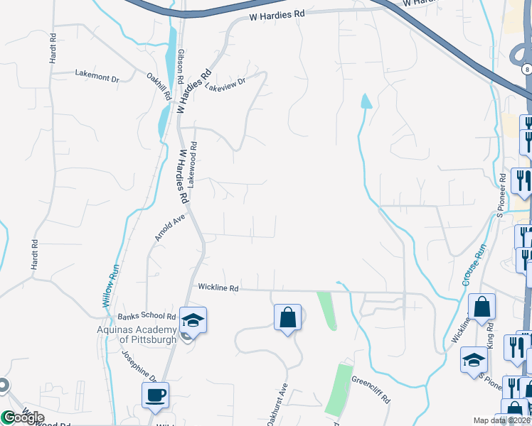 map of restaurants, bars, coffee shops, grocery stores, and more near 2609 Lah Road in Gibsonia