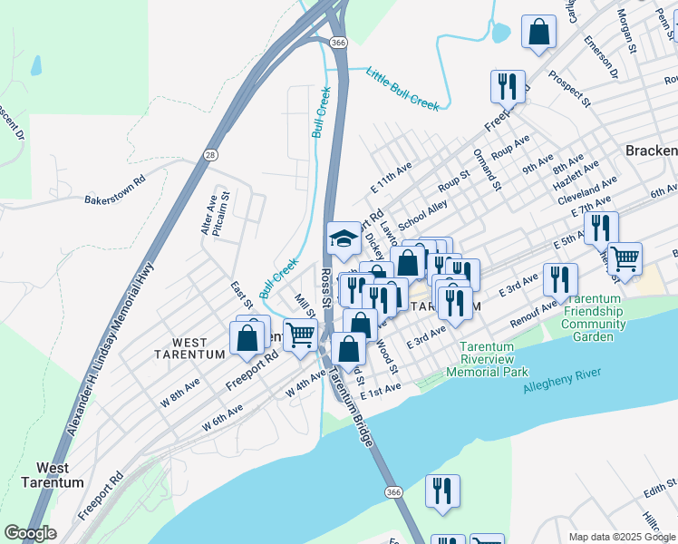 map of restaurants, bars, coffee shops, grocery stores, and more near 101 East 9th Avenue in Tarentum