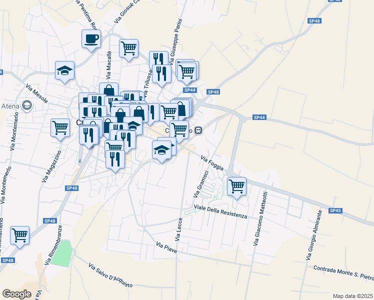 map of restaurants, bars, coffee shops, grocery stores, and more near Strada Provinciale 45 in Crispiano