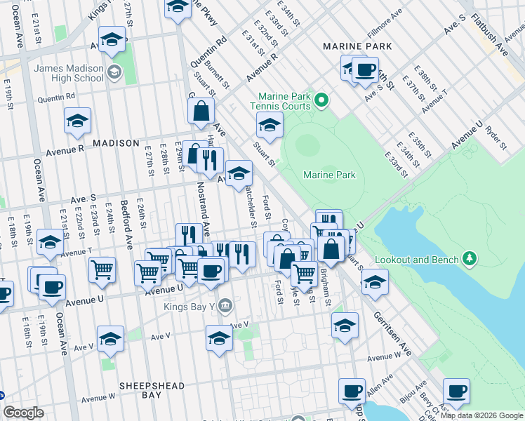 map of restaurants, bars, coffee shops, grocery stores, and more near 1979 Batchelder Street in Brooklyn