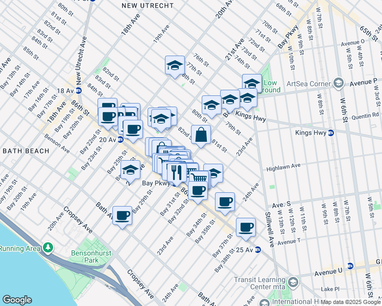 map of restaurants, bars, coffee shops, grocery stores, and more near 8302 Bay Parkway in Brooklyn
