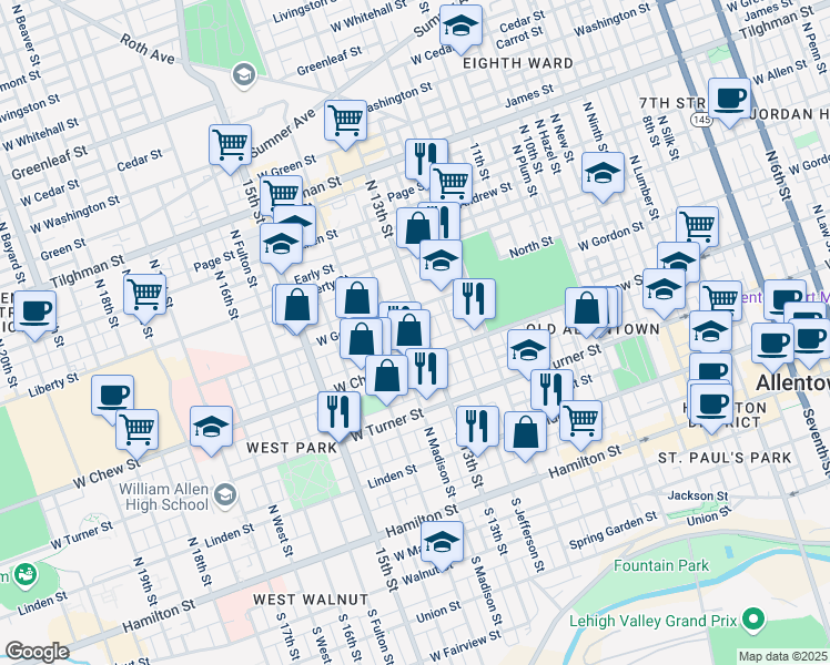map of restaurants, bars, coffee shops, grocery stores, and more near 311 North 13th Street in Allentown