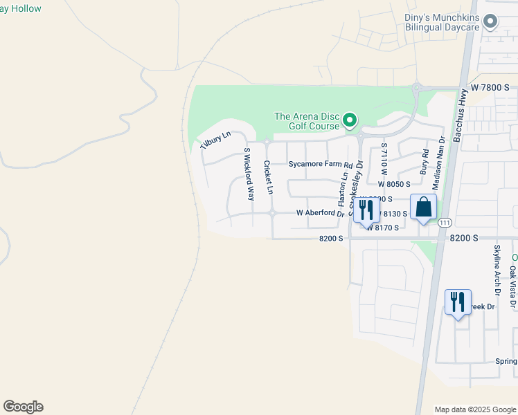 map of restaurants, bars, coffee shops, grocery stores, and more near 8117 South Wickford Way in West Jordan