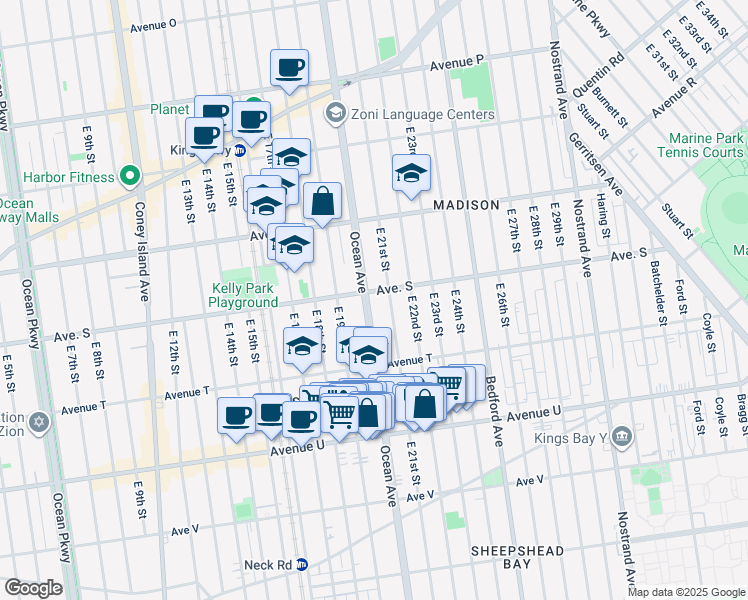 map of restaurants, bars, coffee shops, grocery stores, and more near 2375 Ocean Avenue in Brooklyn