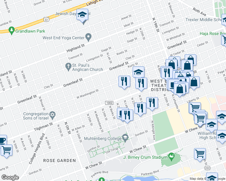 map of restaurants, bars, coffee shops, grocery stores, and more near 735 North 23rd Street in Allentown