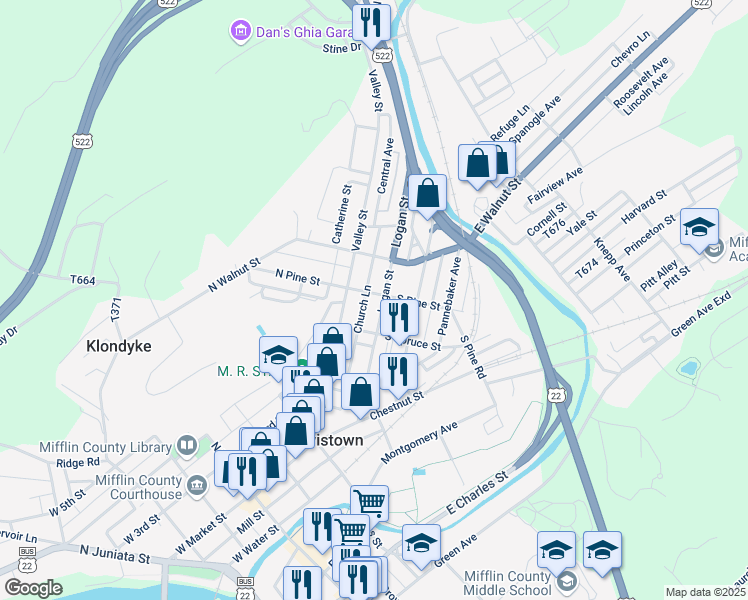 map of restaurants, bars, coffee shops, grocery stores, and more near 131 Logan Street in Lewistown