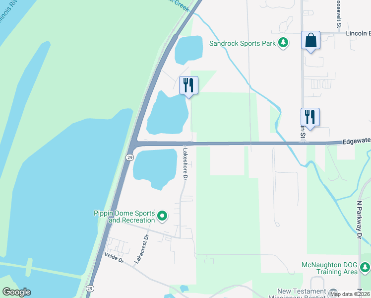 map of restaurants, bars, coffee shops, grocery stores, and more near 2424 Lakeshore Drive in Pekin