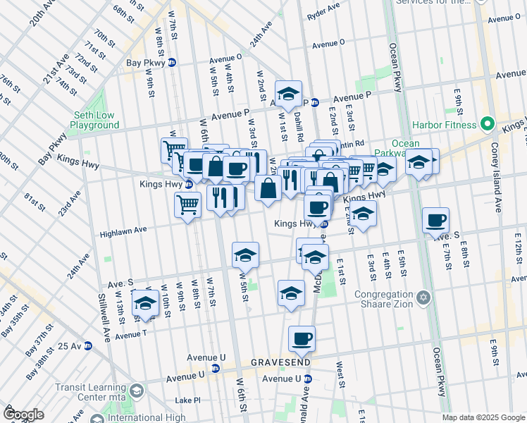 map of restaurants, bars, coffee shops, grocery stores, and more near W 3rd St & Highlawn Ave in Brooklyn
