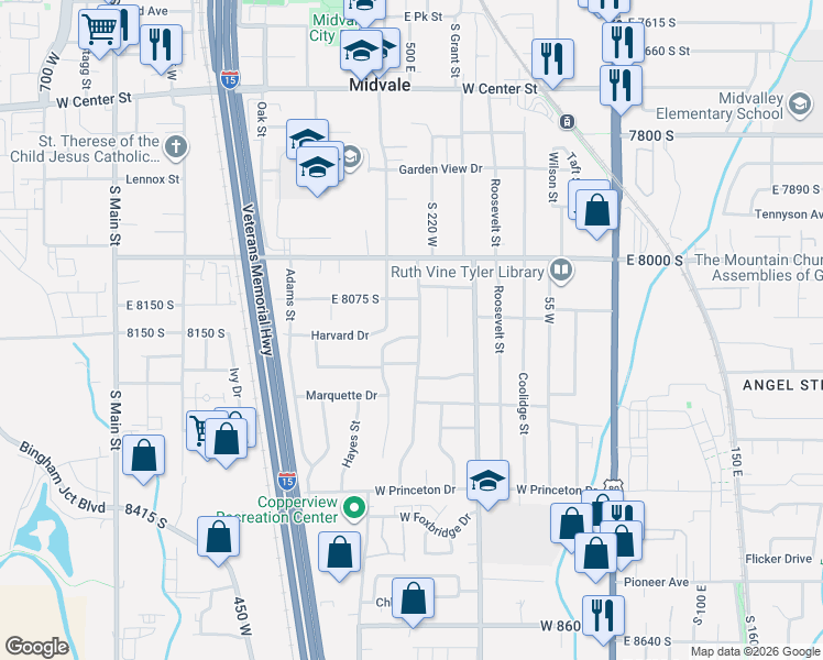 map of restaurants, bars, coffee shops, grocery stores, and more near 257 8155 South in Midvale