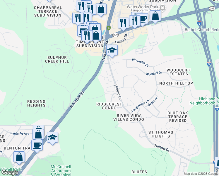 map of restaurants, bars, coffee shops, grocery stores, and more near 481 Ridgecrest Trail in Redding