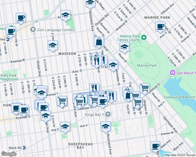 map of restaurants, bars, coffee shops, grocery stores, and more near 3315a Nostrand Avenue in Brooklyn