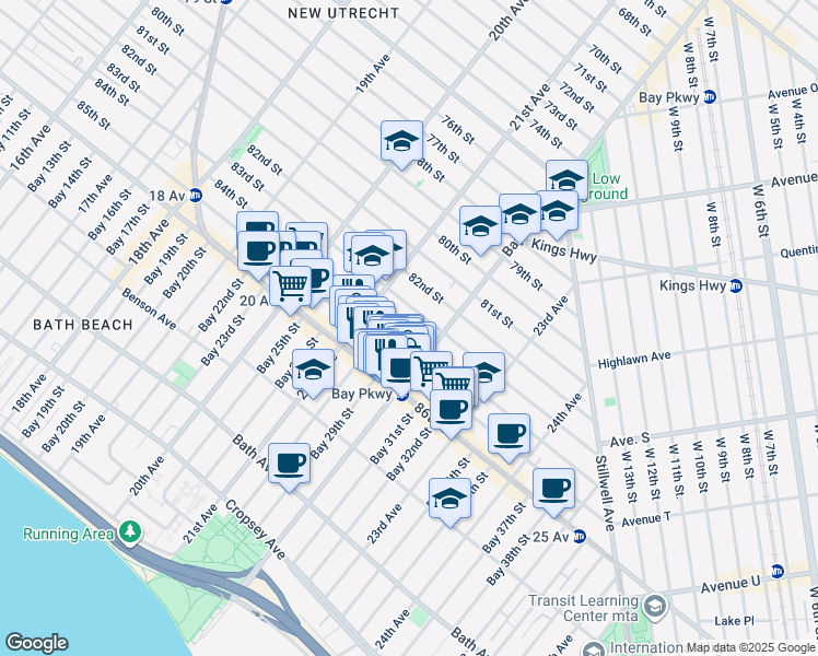 map of restaurants, bars, coffee shops, grocery stores, and more near 2160 84th Street in Brooklyn