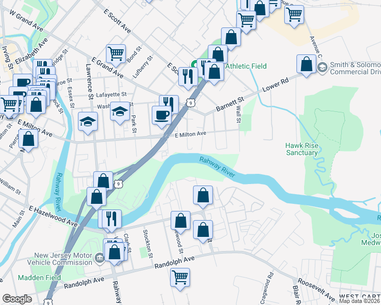 map of restaurants, bars, coffee shops, grocery stores, and more near 73 Clifford Saladin Street in Rahway