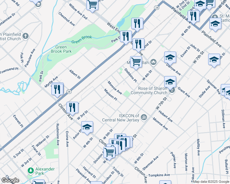map of restaurants, bars, coffee shops, grocery stores, and more near 318 Monroe Avenue in Plainfield
