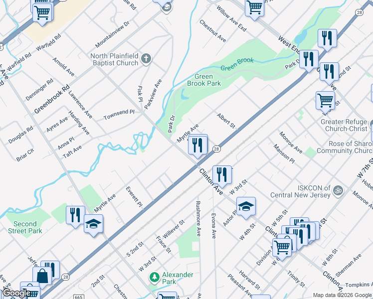 map of restaurants, bars, coffee shops, grocery stores, and more near 32 Clinton Avenue in Plainfield