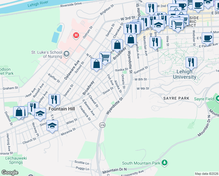 map of restaurants, bars, coffee shops, grocery stores, and more near 901 Sioux Street in Bethlehem