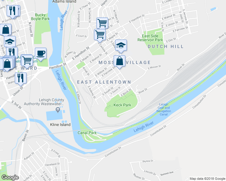 map of restaurants, bars, coffee shops, grocery stores, and more near 505 South Bradford Street in Allentown