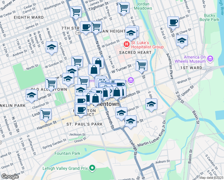 map of restaurants, bars, coffee shops, grocery stores, and more near 628W Linden Street in Allentown
