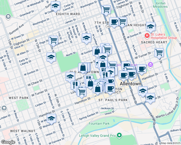 map of restaurants, bars, coffee shops, grocery stores, and more near 943 West Turner Street in Allentown