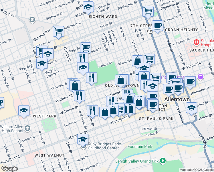 map of restaurants, bars, coffee shops, grocery stores, and more near 223 11th Street in Allentown