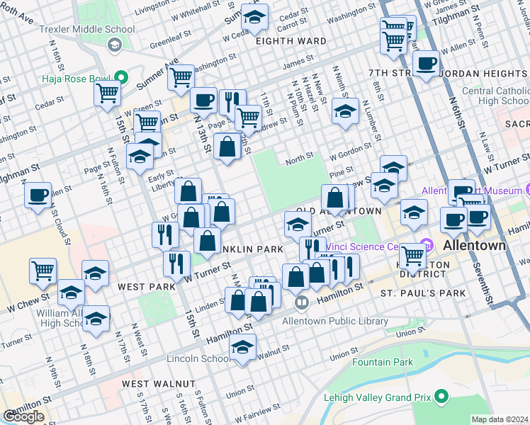 map of restaurants, bars, coffee shops, grocery stores, and more near 1220 West Chew Street in Allentown