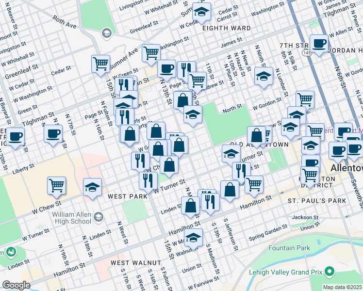map of restaurants, bars, coffee shops, grocery stores, and more near 311 North 13th Street in Allentown