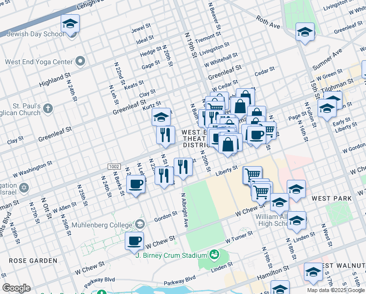 map of restaurants, bars, coffee shops, grocery stores, and more near 622 North Saint Elmo Street in Allentown