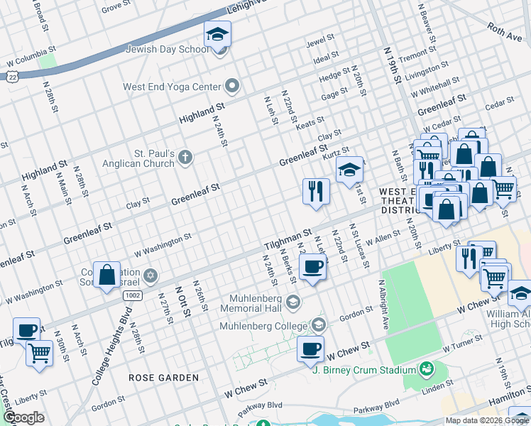 map of restaurants, bars, coffee shops, grocery stores, and more near 738 North Berks Street in Allentown