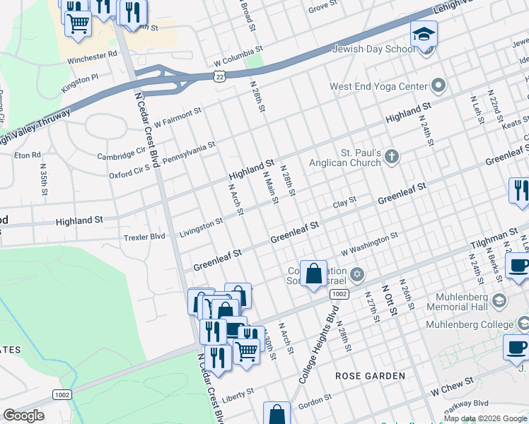 map of restaurants, bars, coffee shops, grocery stores, and more near 925 North 29th Street in Allentown