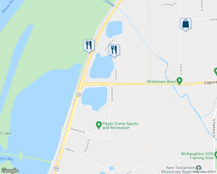 map of restaurants, bars, coffee shops, grocery stores, and more near 2424 Lakeshore Drive in Pekin
