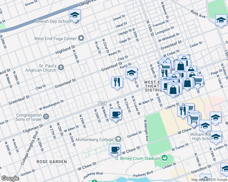 map of restaurants, bars, coffee shops, grocery stores, and more near 2201-2227 Tilghman Street in Allentown