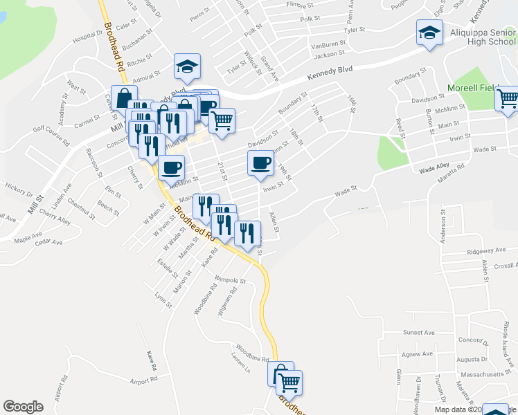 map of restaurants, bars, coffee shops, grocery stores, and more near 1998 McLean Street in Aliquippa