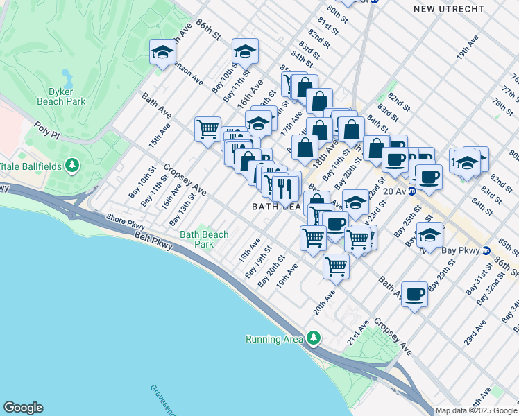 map of restaurants, bars, coffee shops, grocery stores, and more near 8798 18th Avenue in Brooklyn