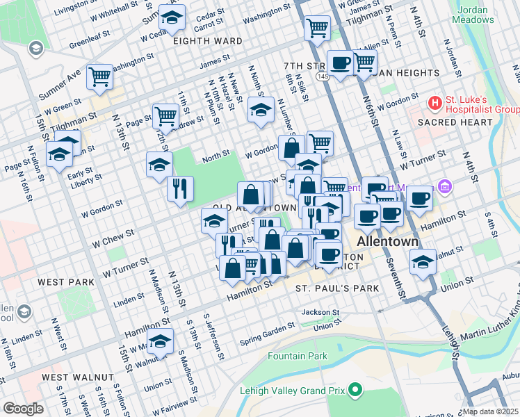 map of restaurants, bars, coffee shops, grocery stores, and more near 213 North 10th Street in Allentown