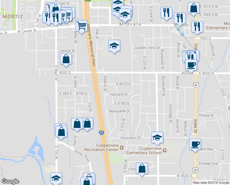 map of restaurants, bars, coffee shops, grocery stores, and more near 396 Harvard Drive in Midvale