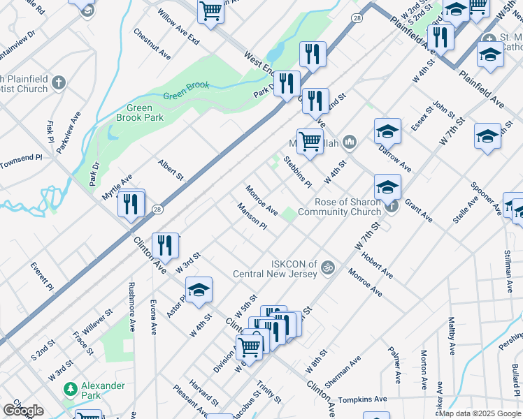 map of restaurants, bars, coffee shops, grocery stores, and more near 318 Monroe Avenue in Plainfield