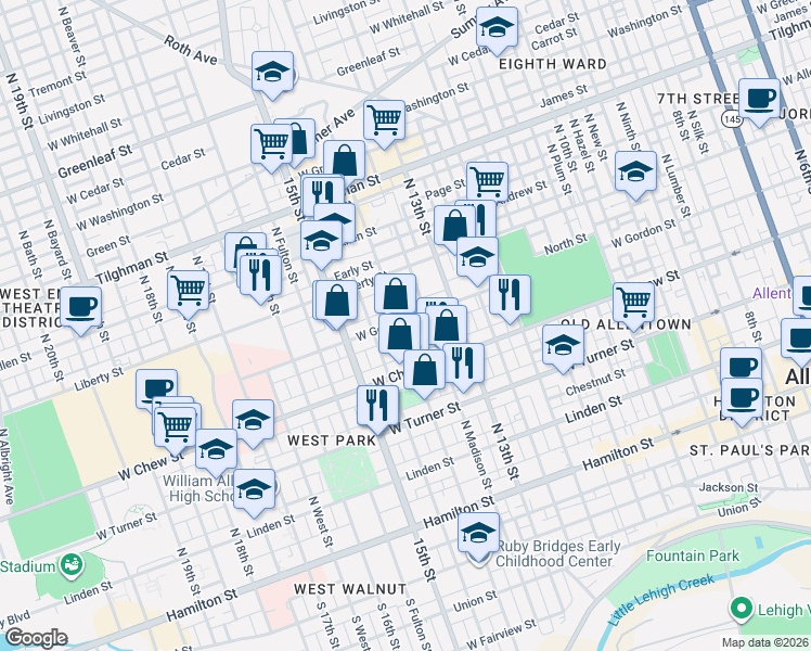 map of restaurants, bars, coffee shops, grocery stores, and more near 343 North 14th Street in Allentown