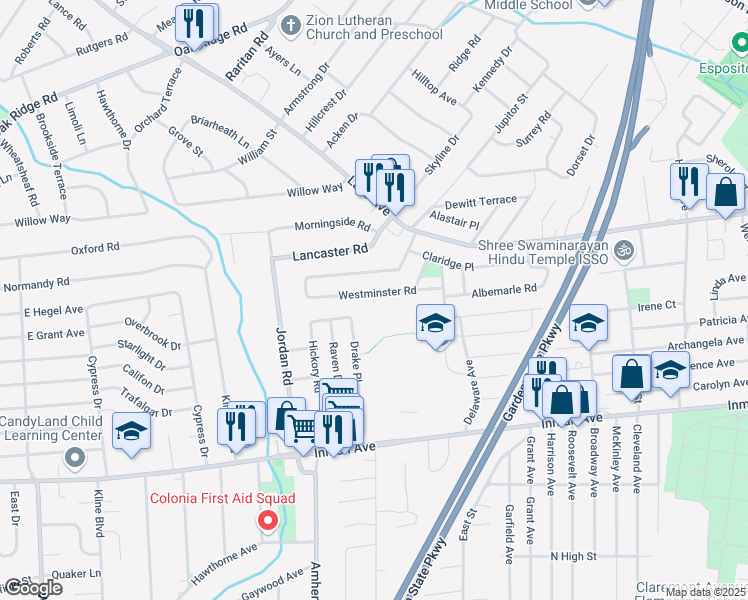 map of restaurants, bars, coffee shops, grocery stores, and more near 55 Westminster Road in Woodbridge Township